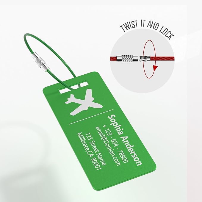 4 Pack Personalized Luggage Tags, Custom Engraved Aluminum Luggage Tags with Your Personalized Text, Waterproof Metal Name Tags with Steel Loop for Bags, Suitcase, Baggage, Backpack (Green, Small)