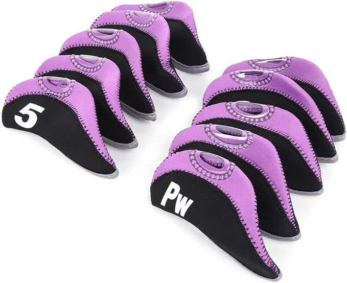10Pcs Head Covers for Golf Clubs, Neoprene Golf Iron Covers Set with Number Convenient, Soft Universal Iron Club Head Cover for Outdoor, Sports Lovers, Black Purple