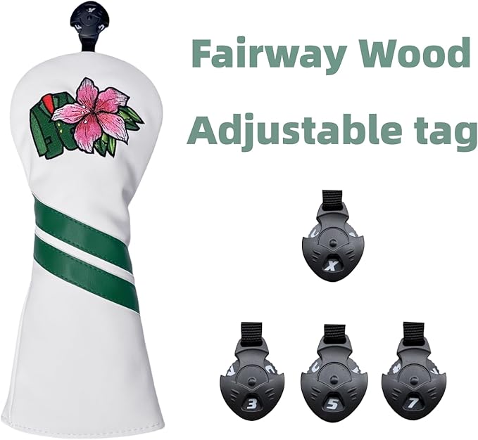 Premium PU Leather Driver Cover, Fairway Wood & Hybrid Covers for Men - Hibiscus Flower Embroidered Golf Head Covers for Woods and Driver -1pc or Set White Golf Club Covers