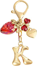 Snycler Bubble Initial Keychain with Strawberry & Bow- Gold Letter Bag Charms for Women, Cute Purse Handbag Accessories