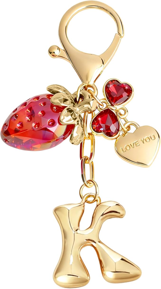 Snycler Bubble Initial Keychain with Strawberry & Bow- Gold Letter Bag Charms for Women, Cute Purse Handbag Accessories