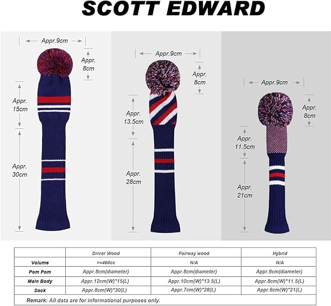 Scott Edward Knit Golf Head Covers for Woods Set of 3 Fits Well Driver(460cc) Fairway Wood and Hybrid(UT) The Perfect Change for Golf Bag