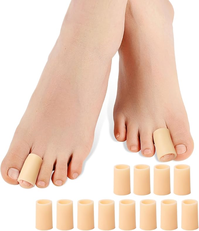 Povihome Toe Sleeves, Toe Protectors, 12 Pack Toe Tube Pads for Hammer Toe,Stubbed Toe,Corns, Calluses Protect (Medium Size, Beige)
