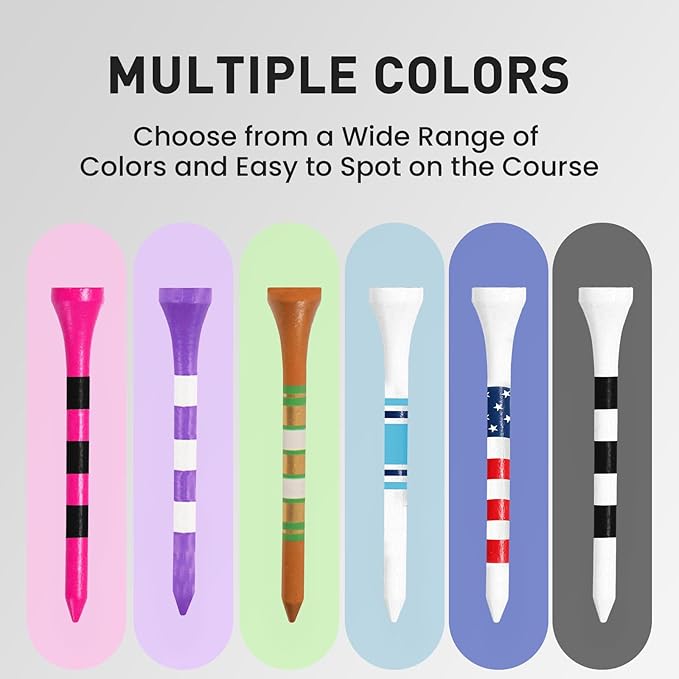FINGER TEN Golf Tees Wood 3 1/4 2 3/4 Inch Value 50/120 Count, Durable Tees with Bright Colored Stripes for Consistent Height, 70mm 83mm Long Tees Ideal for Golfers