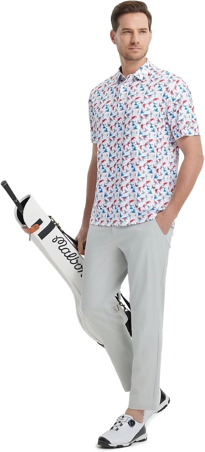 M MAELREG Mens Golf Shirt Short Sleeve Dry Fit Print Moisture Wicking Performance Patterns Collared Polo Shirt