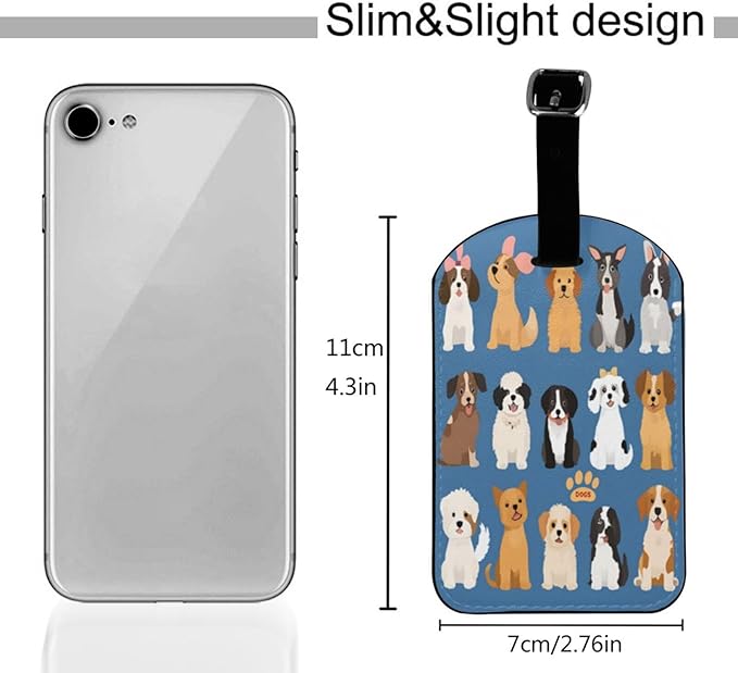 Cute Dogs Luggage Tag for Suitcases,Colorful Pug Doggy Puppy Blue PU Leather Baggage Tags Bag Tags Travel Id Label for Luggage Women Men -1 Piece