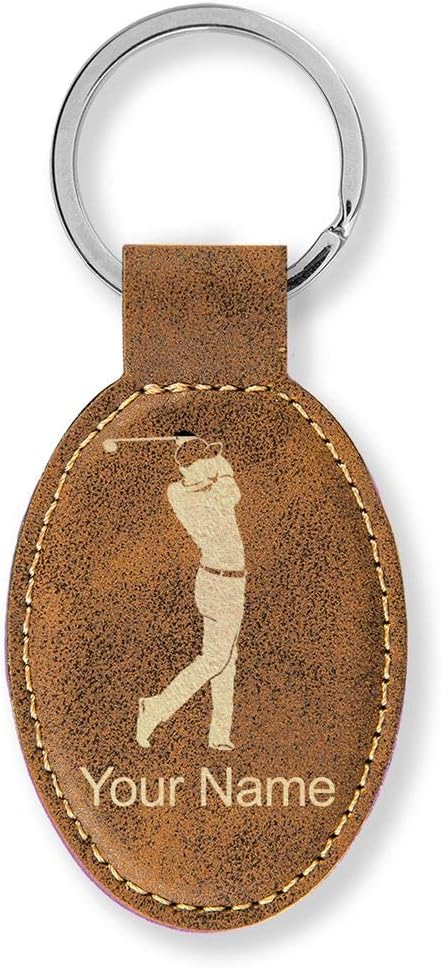 LaserGram Oval Keychain, Golfer Golfing, Personalized Engraving Included (Rustic with Gold)