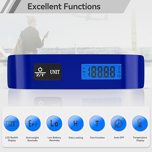 Luggage Scale, Dr.meter Luggage Weight Scale Backlight LCD Display PS02 110lb/50kg Electronic Balance Digital Postal Travel Accessories with Rubber Paint Handle Temperature Sensor, Blue