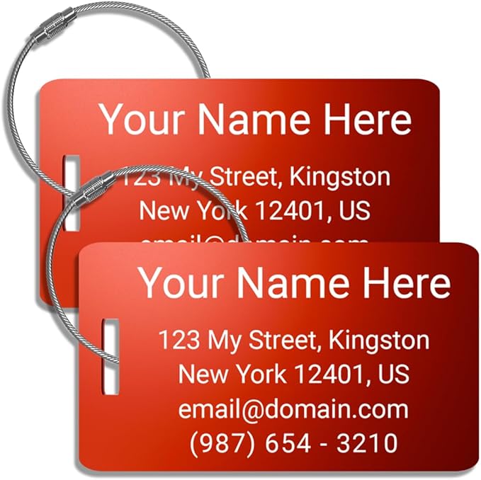 Personalized Metal Luggage Tags for Suitcases - International Travel Must Haves - Pack of 2 (Red, 2x3.5)