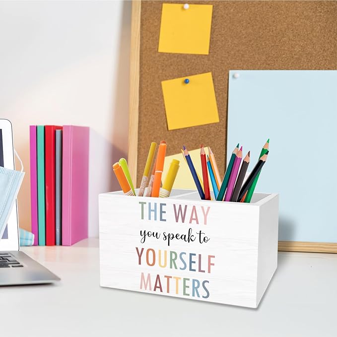 Boho Mental Health Pen Holder for Desk, Psychology Gifts Pencil Organizer, The Way You Speak to Yourself Matters Wooden Box Sign Desk Decor for Therapy Office Classroom Decoration