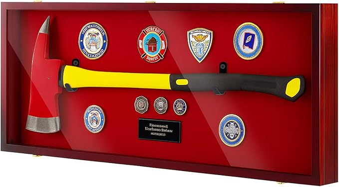 44.5'' Firefighter Fireman Axe Display Case Wooden Wall Mount Storage Display Rack with Hanger Stand Lock W/ 98% UV Protection Acrylic Clear Door for Retired Firefighter Collector Memorabilia