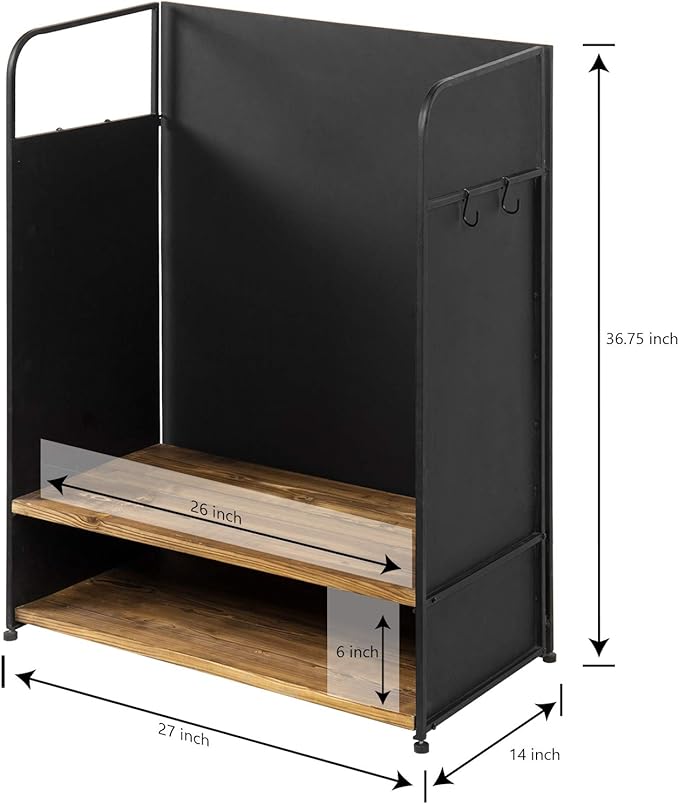 MyGift 2 Golf Bag Organizer with 2 Tier Burnt Wood Shelf for Shoes, Equipment and Hooks for Hat and Towels, Deluxe Matte Black Metal Golf Bag Storage Rack