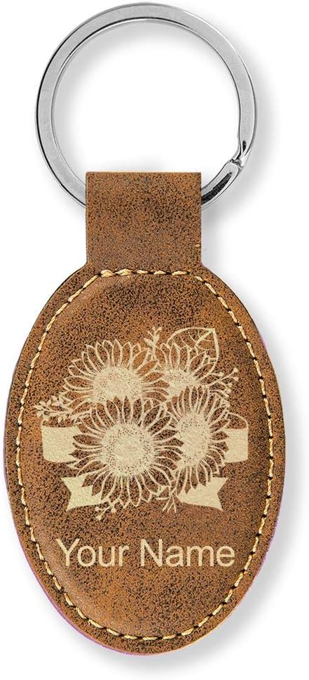 LaserGram Oval Keychain, Sunflowers, Personalized Engraving Included