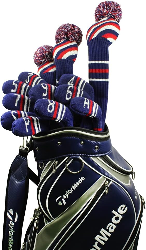 Scott Edward 1/7/10 Pcs Knitted Golf Club Head Covers for Irons Wedge Cuteness and Basically Socks Shape Washable Golf Club Head Protector on Red/Blue Warning Style