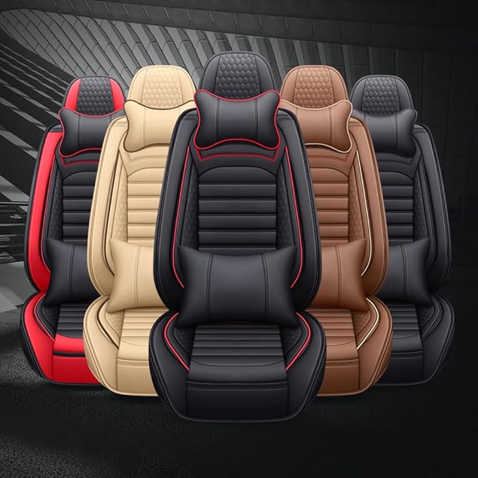 Leather Car Seat Covers for Volkswagen Golf 2001-2021,Car Seat Covers Full Set,Seat Covers with Safety,Waterproof Seat Cover Compatible Airbag(5pcs Black&Red Bars Luxury)