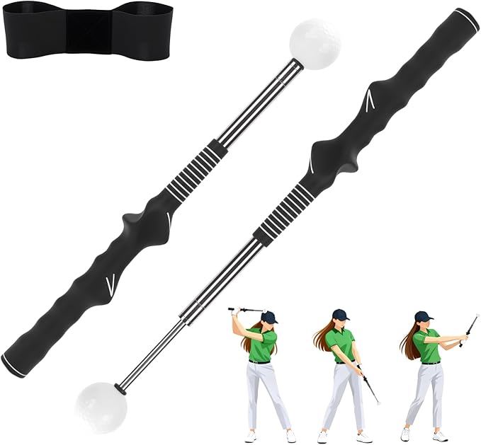 Retractable Golf Swing Training Aid, Golf Grip Trainer Right Hand, Rhythm Click Sound Telescopic Warm Up Golf Swing Trainer for Indoor & Outdoor Practice