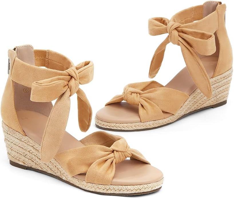 LAICIGO Womens Espadrilles Wedge Sandals Back Zipper Closure Open Toe Platform Ankle Strap Summer Dress Shoes with Bow