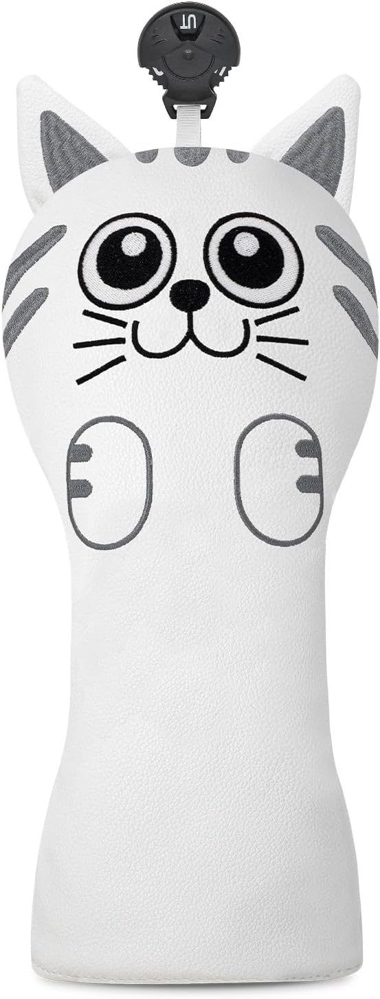 Golf Kitty Head Cover Golf Club White Leather Headcovers 1pc/4pcs Set Fits Driver Fairway Wood Hybrid Utility Putter Iron Wedge Headcover.