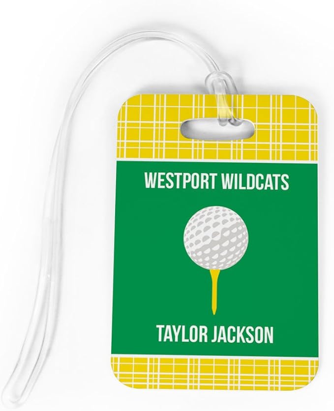 ChalkTalkSPORTS Golf Luggage & Bag Tag | Personalized Team with Golf Ball | Standard Lines on Back | Medium | Yellow/Green