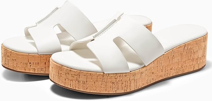 Coutgo Womens Platform Wedge Sandals Open Toe Slip On Slides Cork Heeled Comfortable Shoes