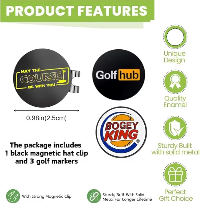 Golf Ball Marker Set 3-Pack with Magnetic Clip | Bogey King, Golfhub, May The Course Be Woth You | Great Golf Gift & Stocking Stuffer