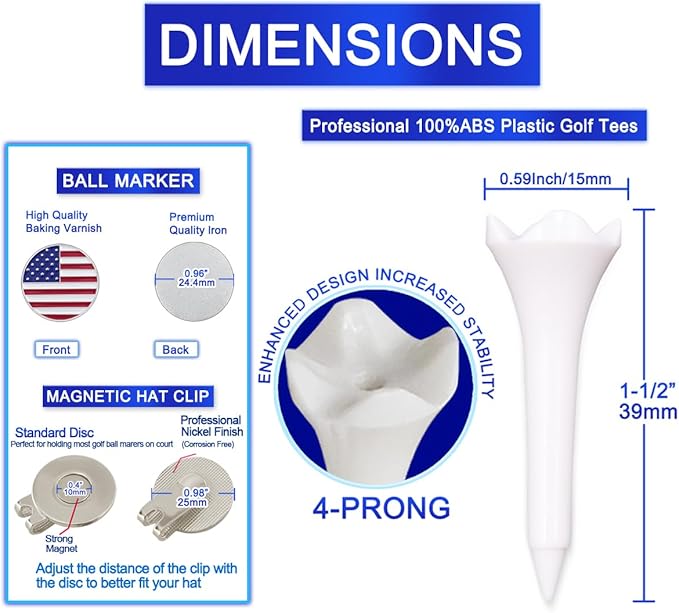 1 1/2'' Plastic Golf Tees – Short Tees for Irons, Par Threes, Hybrids, and Driving Range - Pack of 120 Bulk 4 Prongs Plastic Golf Tees Performance Series Low Resistance Golf Tee White