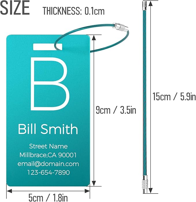 4 Pack Personalized Luggage Tags, Custom Engraved Aluminum Luggage Tags with Your Personalized Text, Waterproof Metal Name Tags With Steel Loop for Bags, Suitcase, Baggage, Backpack (Lake Blue, Large)