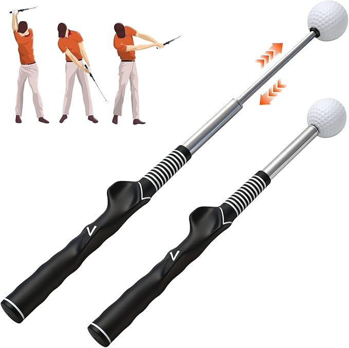 Golf Swing Trainer – Retractable Click Stick Grip & Tempo Trainer for Right-Handed Golfers, Stainless Steel Shaft Golf Training Aid for Indoor & Outdoor Swing Practice