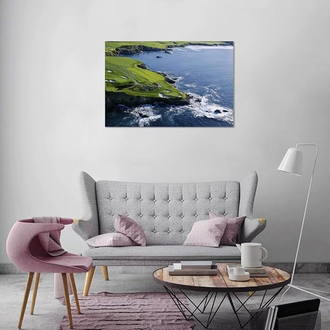 Pebble Beach Golf Course Canvas Wall Art for Living Room Bedroom Bathrooom Home Decorations California Coastal Golf Course Picture Poster Framed Artwork Ready to Hang(12''H x 16''W)
