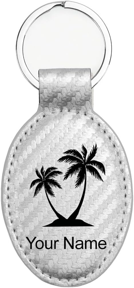 LaserGram Oval Keychain, Palm Trees, Personalized Engraving Included (Carbon Fiber Silver)