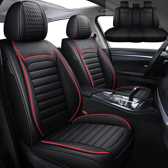 Leather Car Seat Covers for Volkswagen Golf 2001-2021,Car Seat Covers Full Set,Seat Covers with Safety,Waterproof Seat Cover Compatible Airbag(5pcs Black&Red Standard)