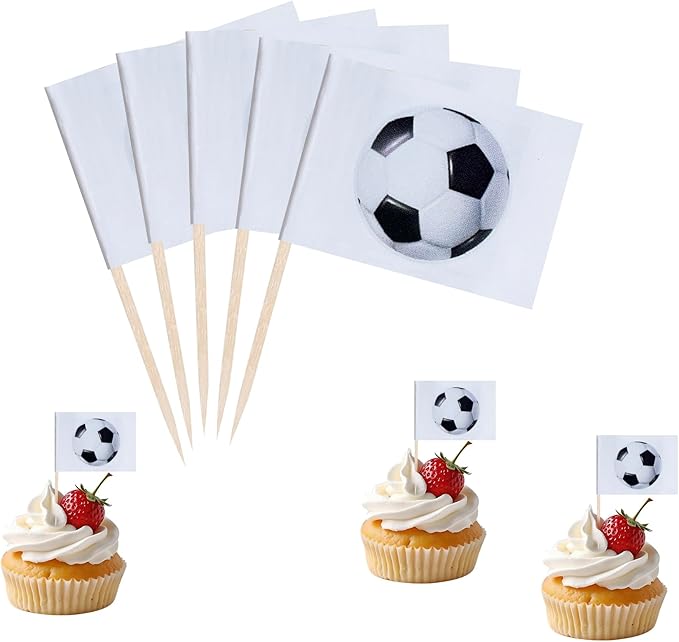 Football Cupcake Topper Flags Banner Mini Small Sports Balls Toothpick Stick Flags Sports Ball Game Cake Party Theme Decorations(100Pcs)