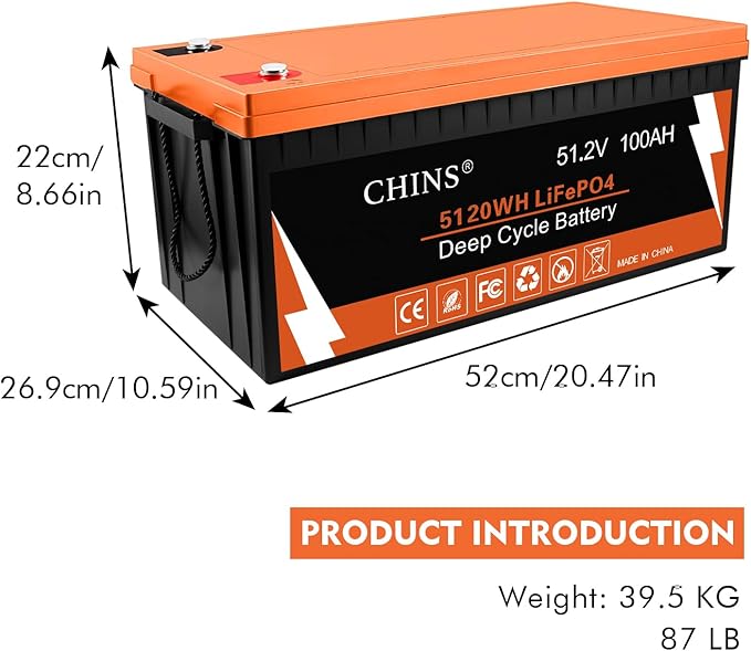 CHINS 48V 100AH LiFePO4 Lithium Battery, Built in 200A BMS with 10 Yrs Lifespan, Perfect for Golf Cart, Trolling Motor, Solar System, RV, Marine