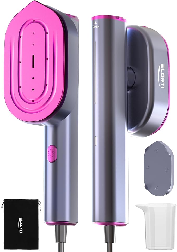 Steamer for Clothes ELORTI, Travel Clothes Steamer Handheld Portable Mini Small, 2-in-1 iron with 10s Fast Heat-Up, Rotatable Head 1200W, 110-120V, Office & Home, purple