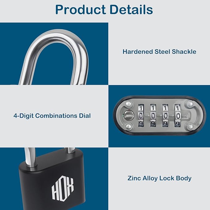 HOX 4 Digit Combination Lock, Outdoor Padlock - Heavy Duty Locker Lock with Hardened Steel Shackle, Waterproof Combo Lock for Gym Locker, Hasp Storage, Shed, Fence (Black, 2 Pack)
