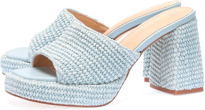 Monrovia Womens Sandals Heels for Women Slide On Block Chunky Platform High Heels Open Toe Raffia Wedge Sandals
