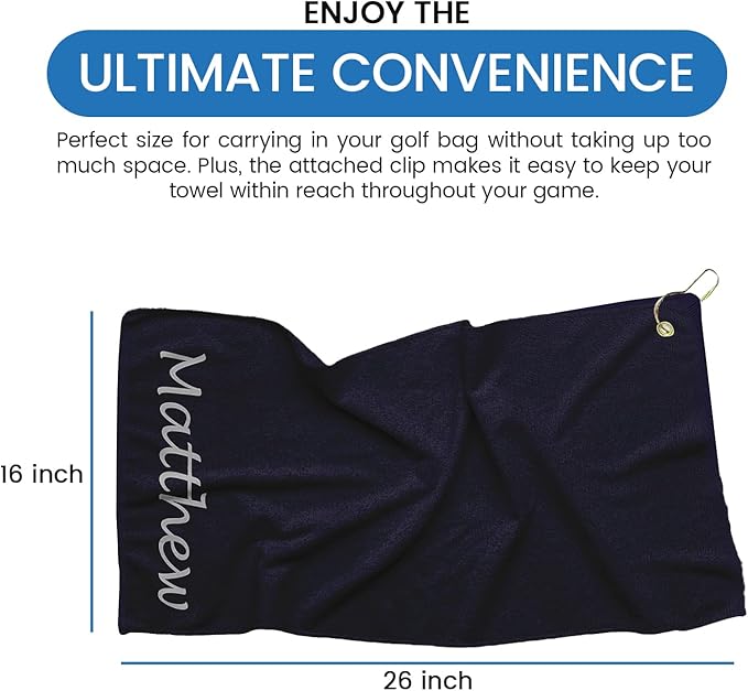 Personalized Passion Golf Towel with Embroidered Name - 16"x26" Custom Golf Towels with Clip - Soft & Highly Absorbent Plush Velour - Easily Wipes Away Sweat and Dirt - Gift for Golfers - Navy
