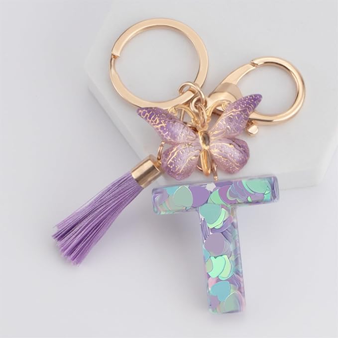 Suweibuke Colourful Cute Initial Letter Keychains for Women Girls with Tassel Butterfly, Charm for Purse Handbags Backpacks