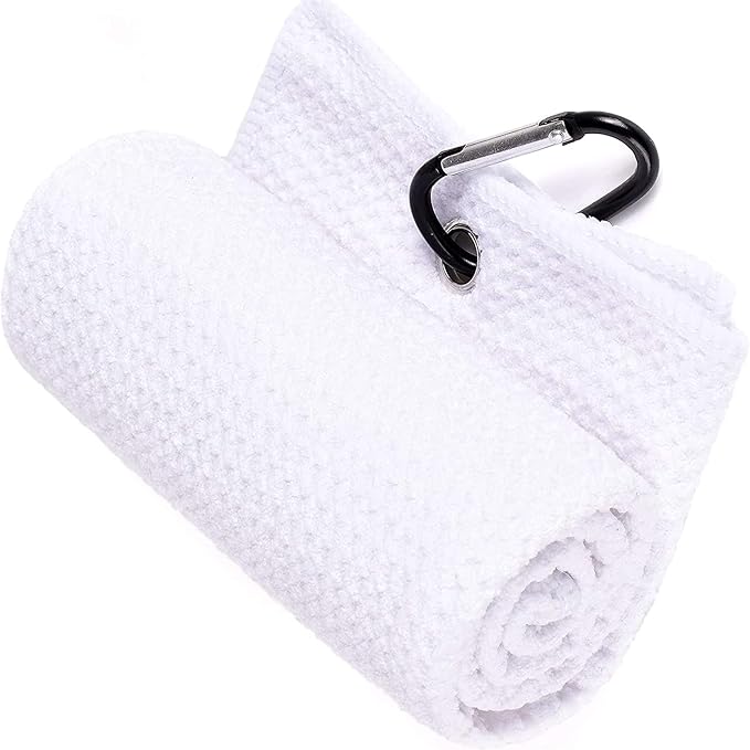 VIVIDLY 2 Pack 16" x 24" Tri-fold Golf Towels, Premium Microfiber Fabric Waffle Pattern with White Heavy Duty Carabiner Clip, Orange Golf Towels for Golf Bags for Men (White)