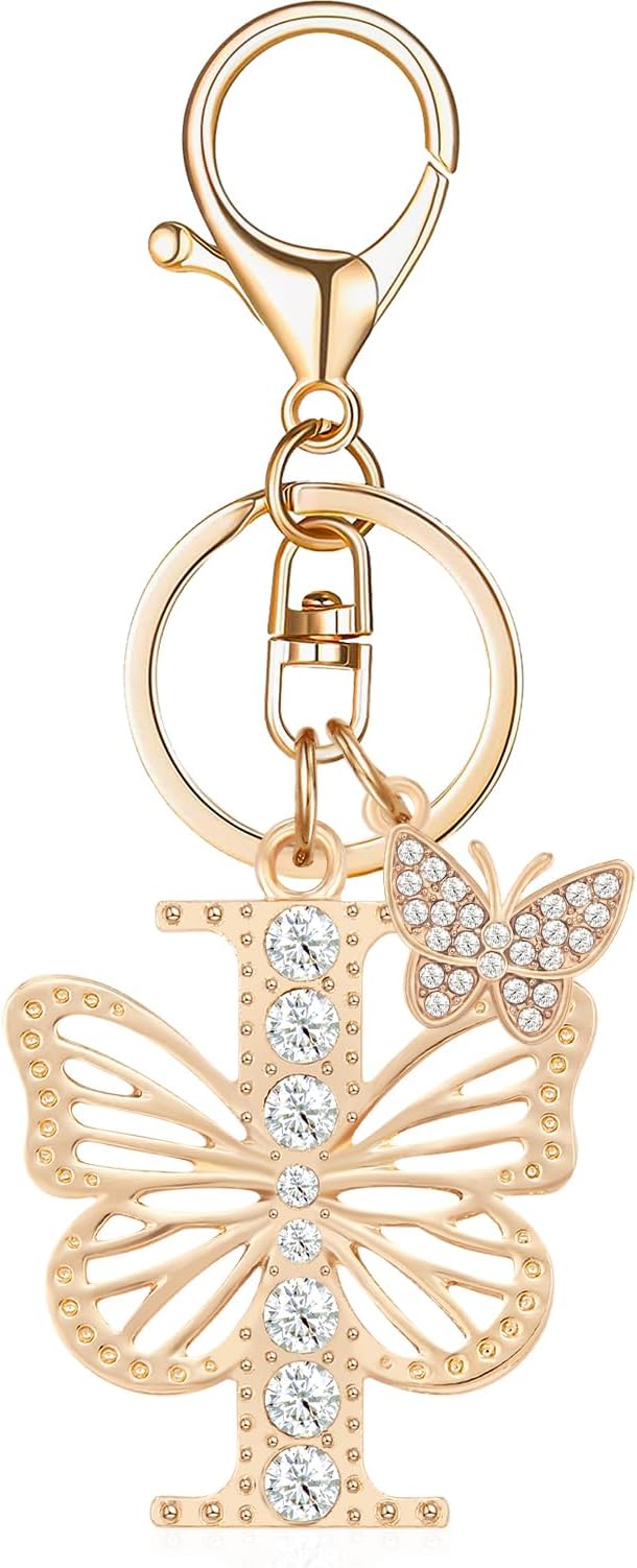 Gold Plated Alphabet Initial Letter Keyring Keychain for Women Girls Crystal Key Chains for Wallet Backpack Bag Charm