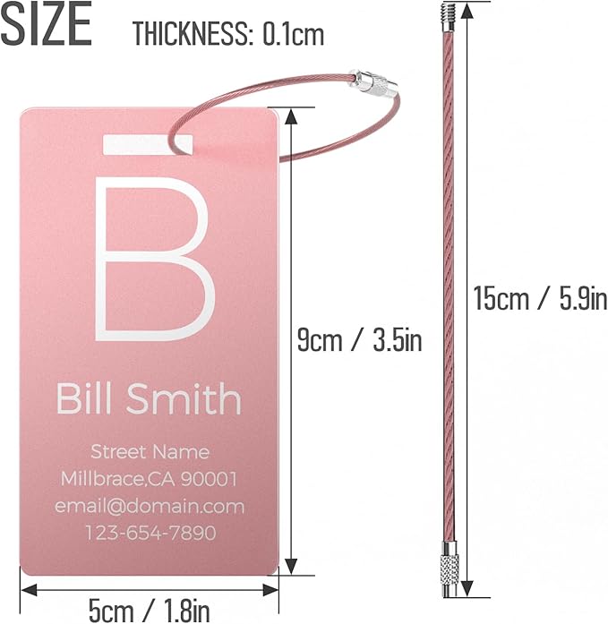 4 Pack Personalized Luggage Tags, Custom Engraved Aluminum Luggage Tags with Your Personalized Text, Waterproof Metal Name Tags with Steel Loop for Bags, Suitcase, Baggage, Backpack (Pink, Large)