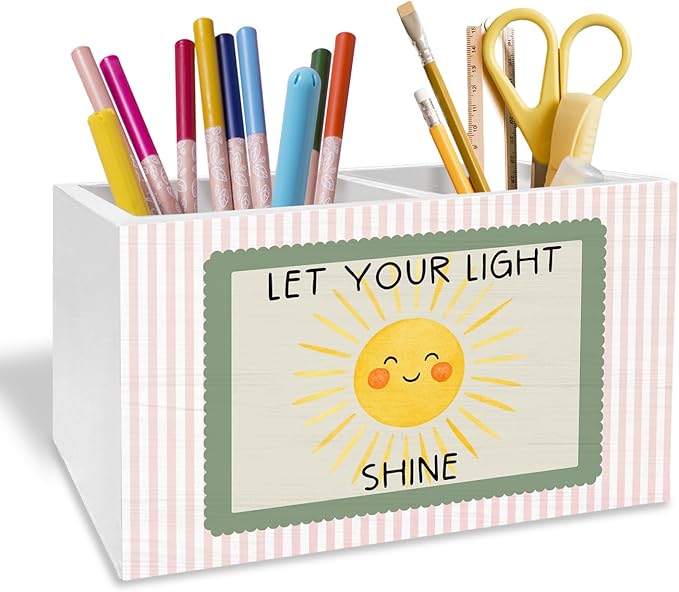 Boho Sun Inspirational Pen Pencil Holder for Desk, Boho Classroom Decor, Let Your Light Shine Cute Sunshine Wooden Box Sign Desk Decor for Kids Room Nursery Playroom Decoration