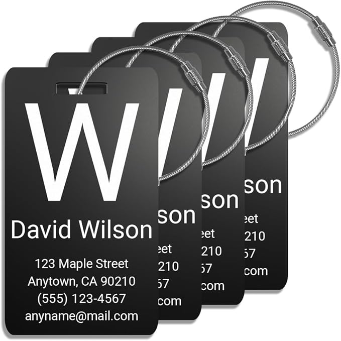 Personalized Luggage Tags for Suitcases 4 Pack – Custom Metal Name Tag for Travel, Golf Bag, and Baggage – Durable Aluminum Luggage Name Tags (Black, Vertical)