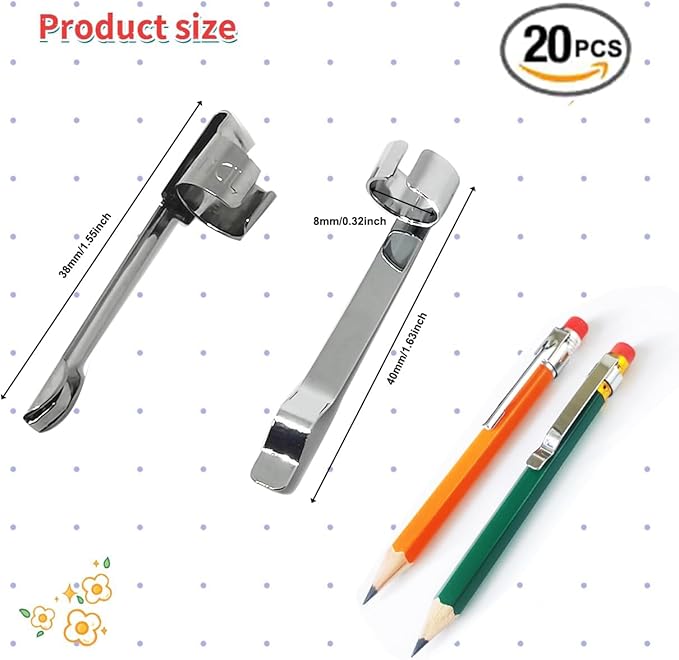 Adhere Pencil Clips, Silver Metal Clips Sliding Epoxy Pen Golf Pencil, Pocket,Shirt, Study Holder Portable Hanging 2 Style(20pcs)