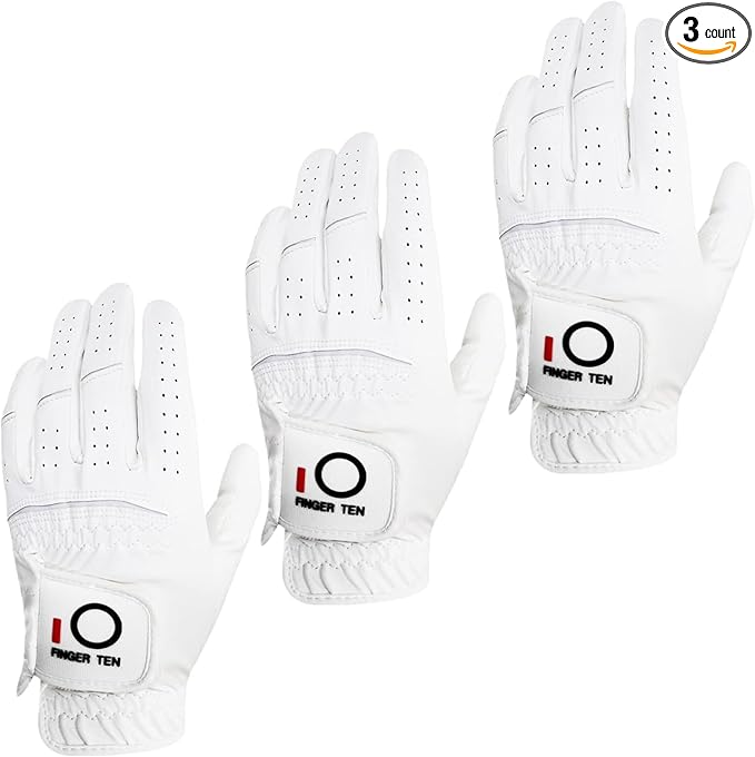 FINGER TEN All Weather Grip Golf Gloves Men Value 3 Pack for Right Handed Golfer, Hot Wet Rain Grip & Comfort Soft Glove for Premium Performance, Colors White Black Blue Sizes S M L XL