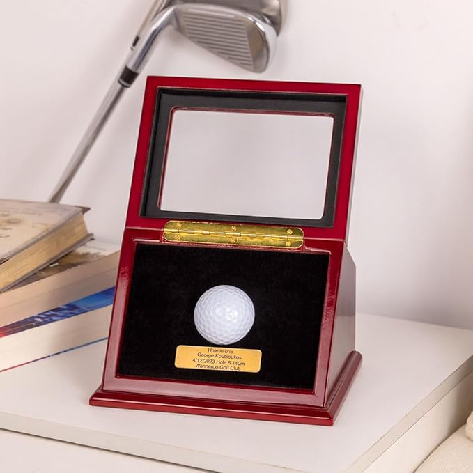 Custom Engraved Hole in One Golf Ball Display Case Wood Personalized Golf Ball Holder Display Golf Gifts for Men Women Dad 7×5.1×4.72Inch