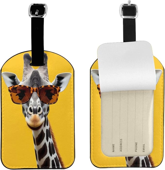 Cute Giraffe Luggage Tag for Suitcases,Animal Yellow PU Leather Baggage Tags Bag Tags Travel Id Label for Luggage Women Men -1 Piece