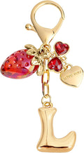 Snycler Bubble Initial Keychain with Strawberry & Bow- Gold Letter Bag Charms for Women, Cute Purse Handbag Accessories