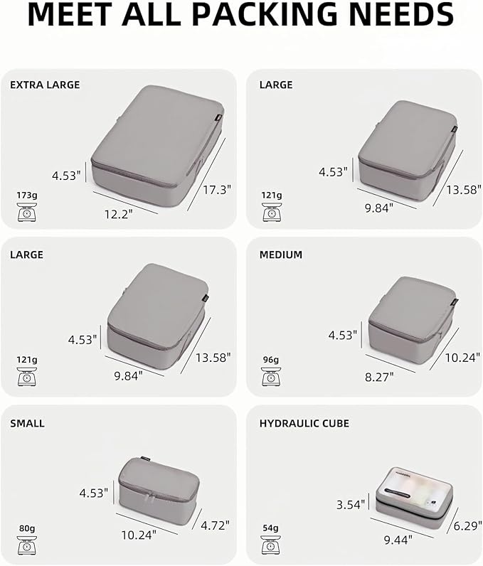 6 Set Compression Packing Cubes for Travel, Large Medium Small Luggage Organizers, Storage Bags for Clothes and Essentials (6 Pack, Misty Silver)