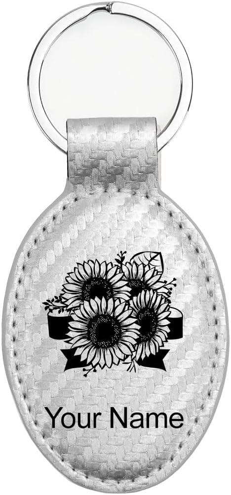 LaserGram Oval Keychain, Sunflowers, Personalized Engraving Included